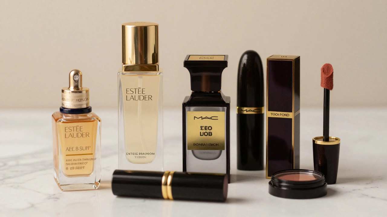 Elegant arrangement of luxury cosmetic bottles and packaging on a marble surface.
