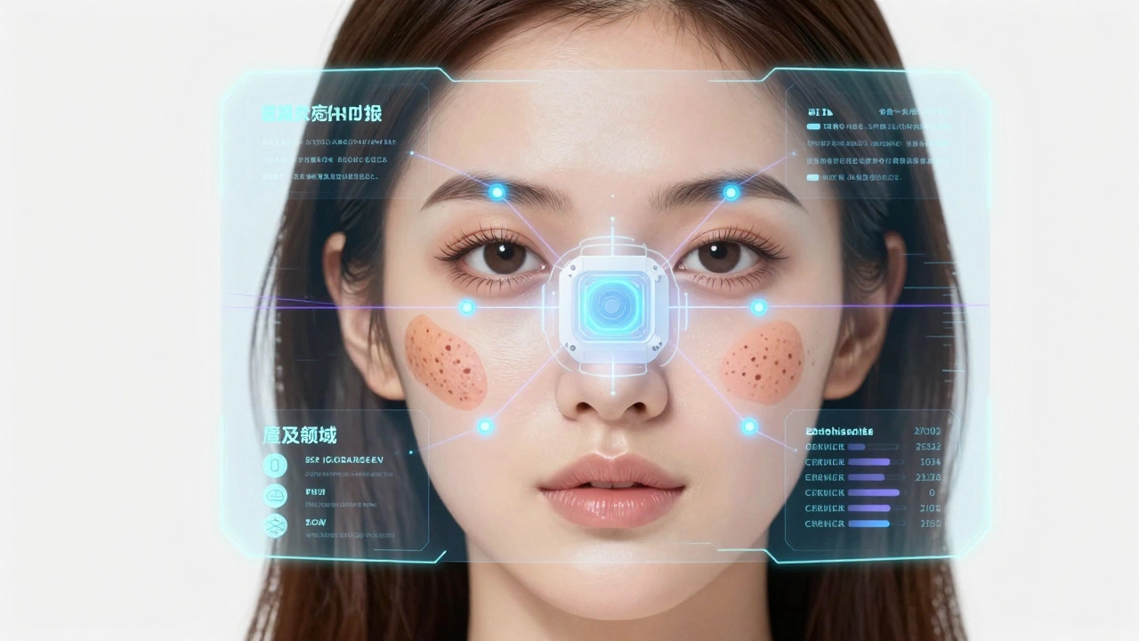 Futuristic AI skin analysis overlay on a woman's face