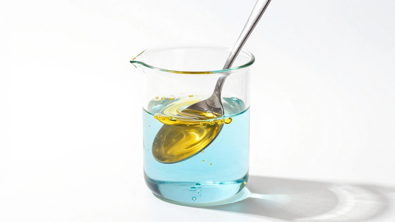 Golden oil droplets mixing into blue water in a glass beaker