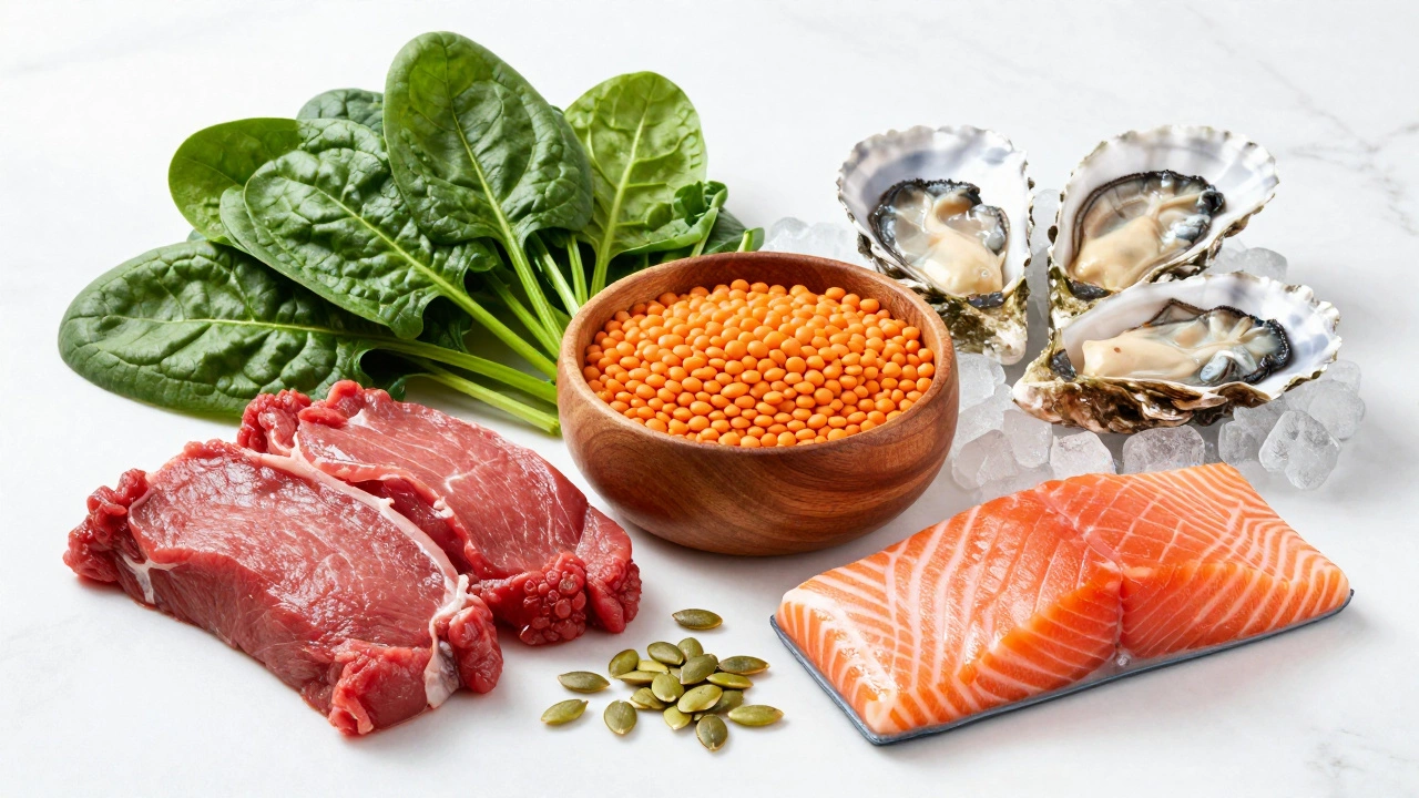 Healthy foods like spinach, salmon, and nuts arranged on a table for hair nutrition