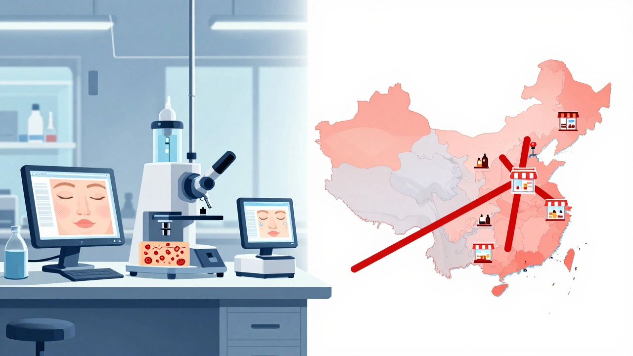 Illustration contrasting lab testing tech with China market regulations