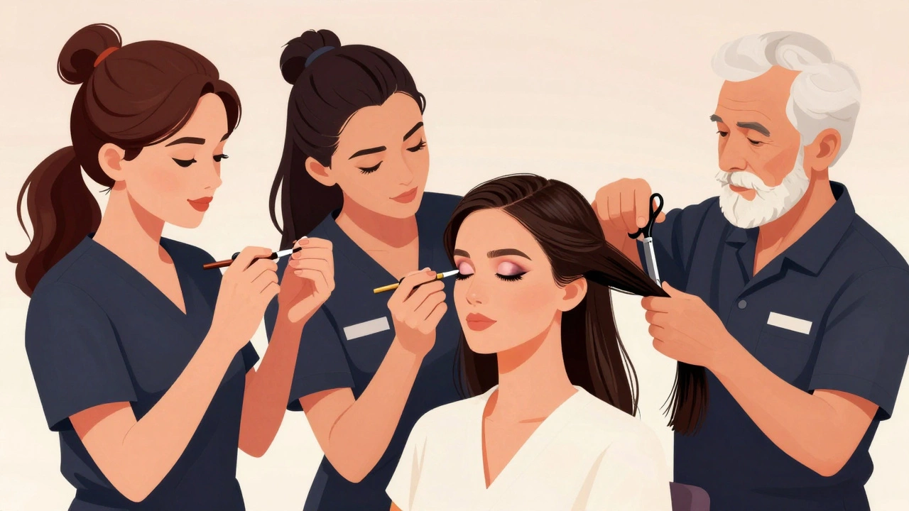 Illustration of diverse beauty pros: nail tech, MUA, and hair stylist