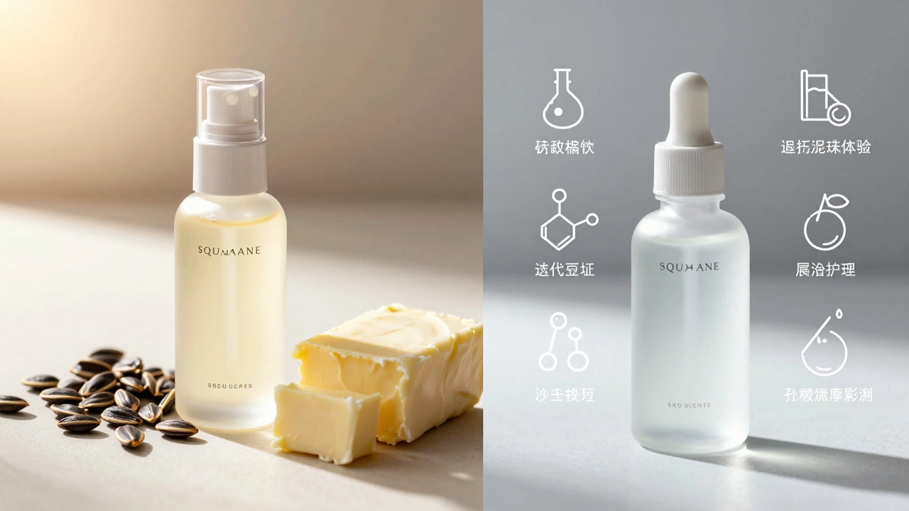 Luxury serum bottle with airless pump and natural ingredients in sunlight