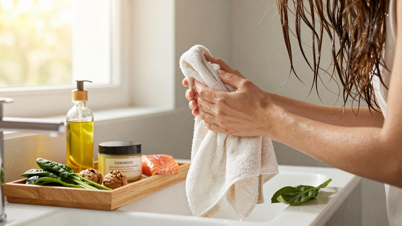 Person gently drying hair with microfiber towel and healthy ingredients
