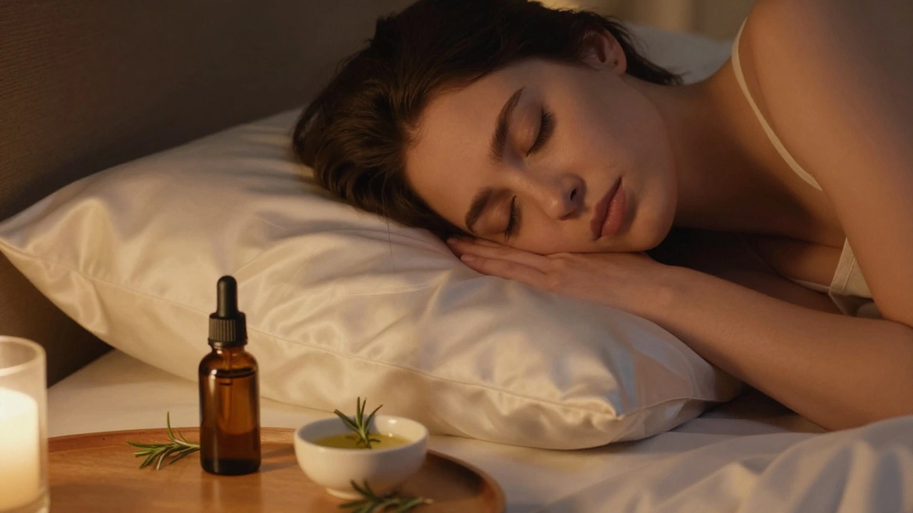 Person sleeping on a silk pillowcase with essential oils nearby for hair care