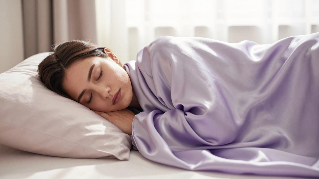 Person sleeping with hair protected by a silk scarf and satin pillow
