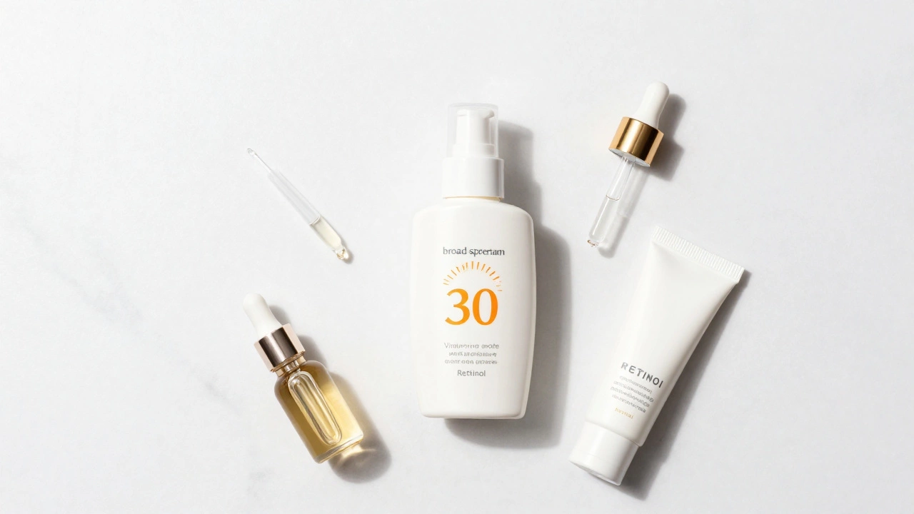 Skincare essentials including sunscreen and serums