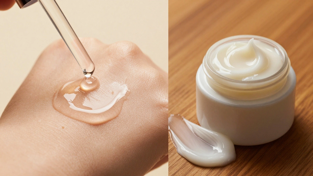Split image showing light gel serum and rich balm texture