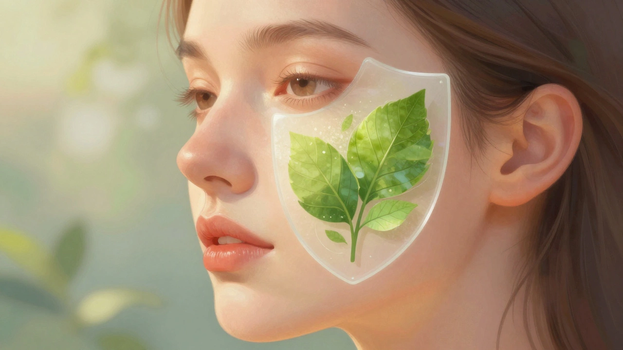 Woman's face protected by leaf motif shield concept