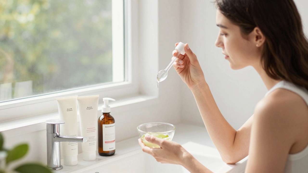 Woman applying skincare in a bright bathroom with clean beauty brand products nearby.