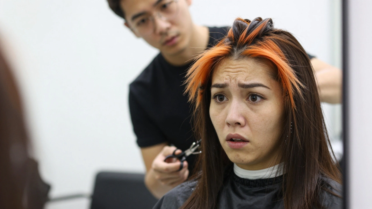 Woman shocked by bad haircut with orange roots in mirror