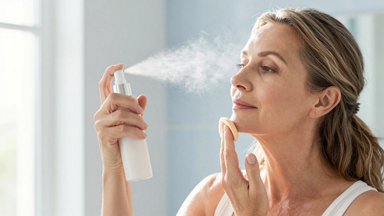 Woman using hydrating setting spray for a dewy makeup finish