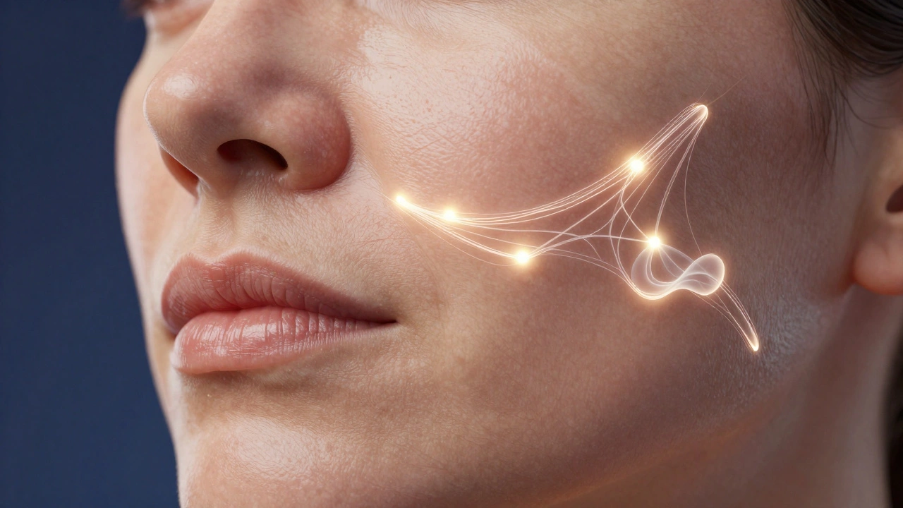 Artistic illustration of collagen rebuilding under mature, revitalized skin.