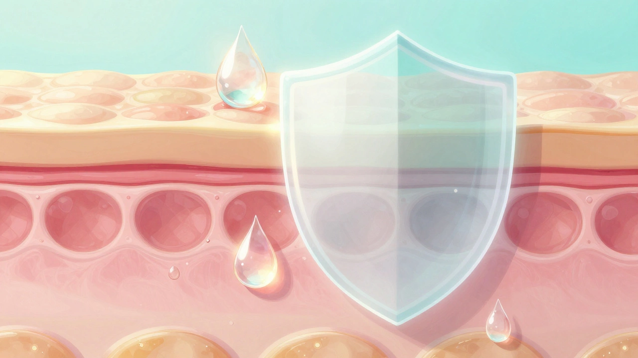 Artistic illustration of hydrated skin cells with a protective barrier