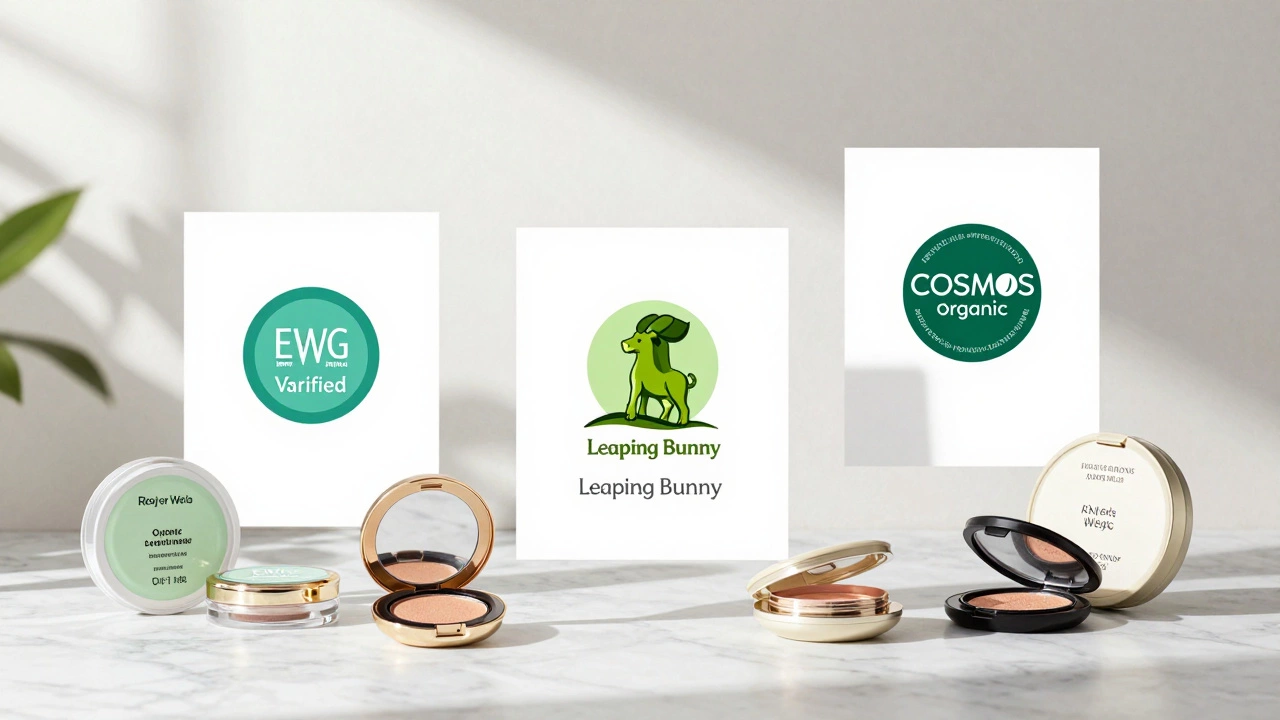 Clean beauty certification logos like EWG and Leaping Bunny