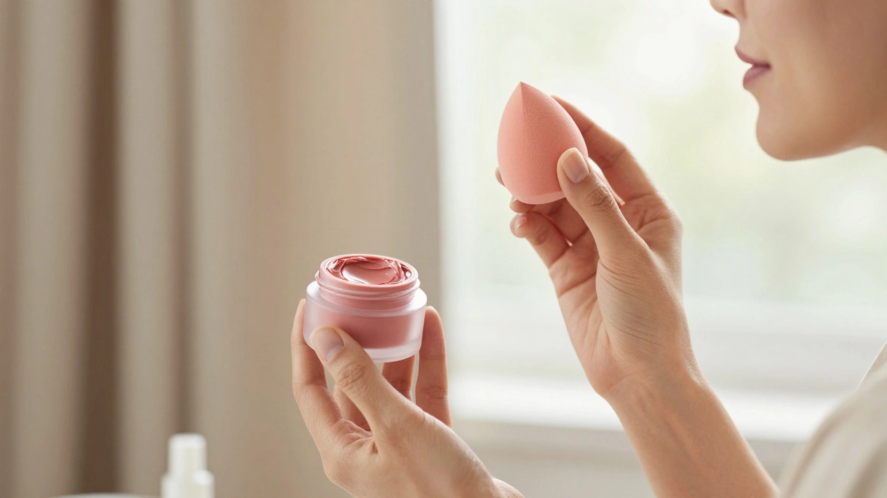Close-up of fingers blending cream blush onto cheek with sponge