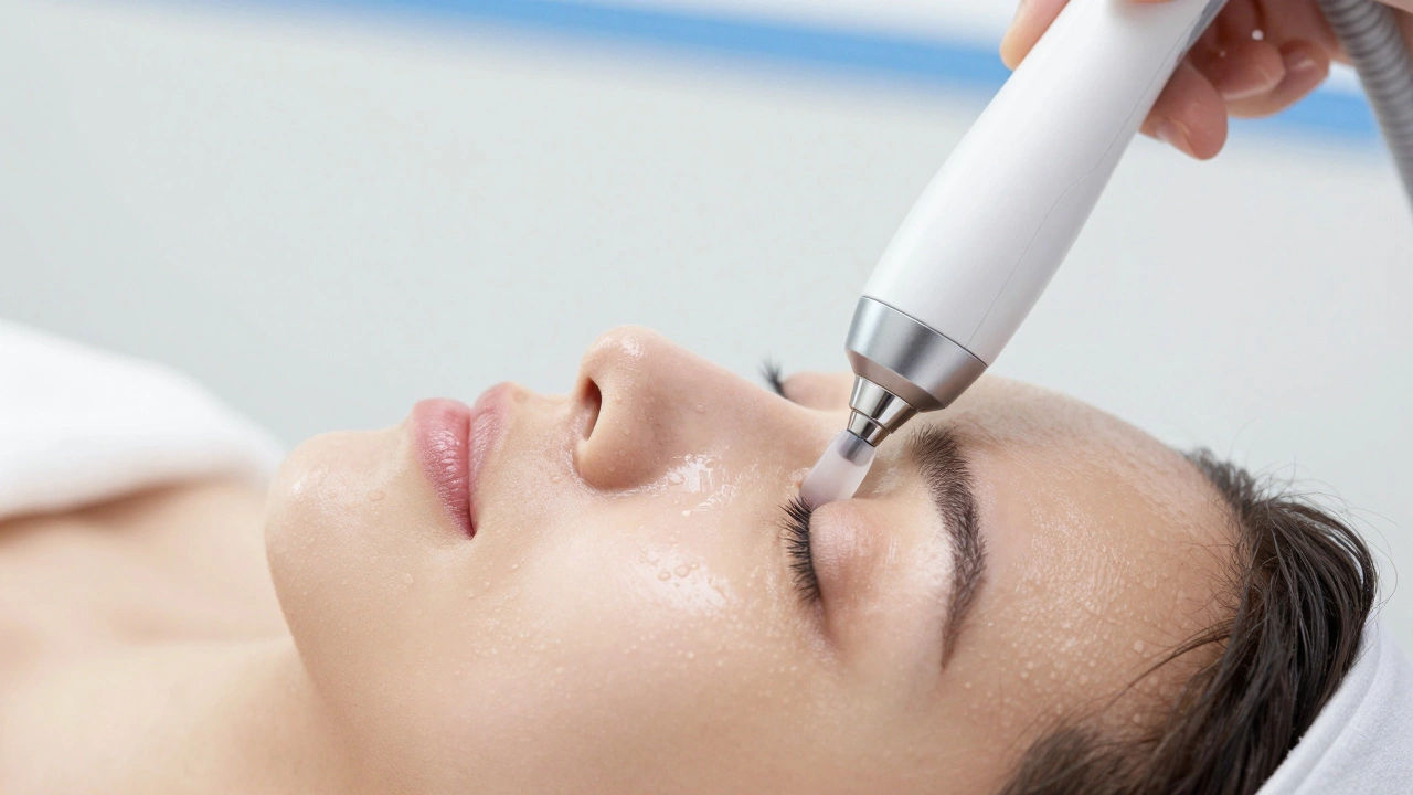 Close-up of HydraFacial device treating glowing skin