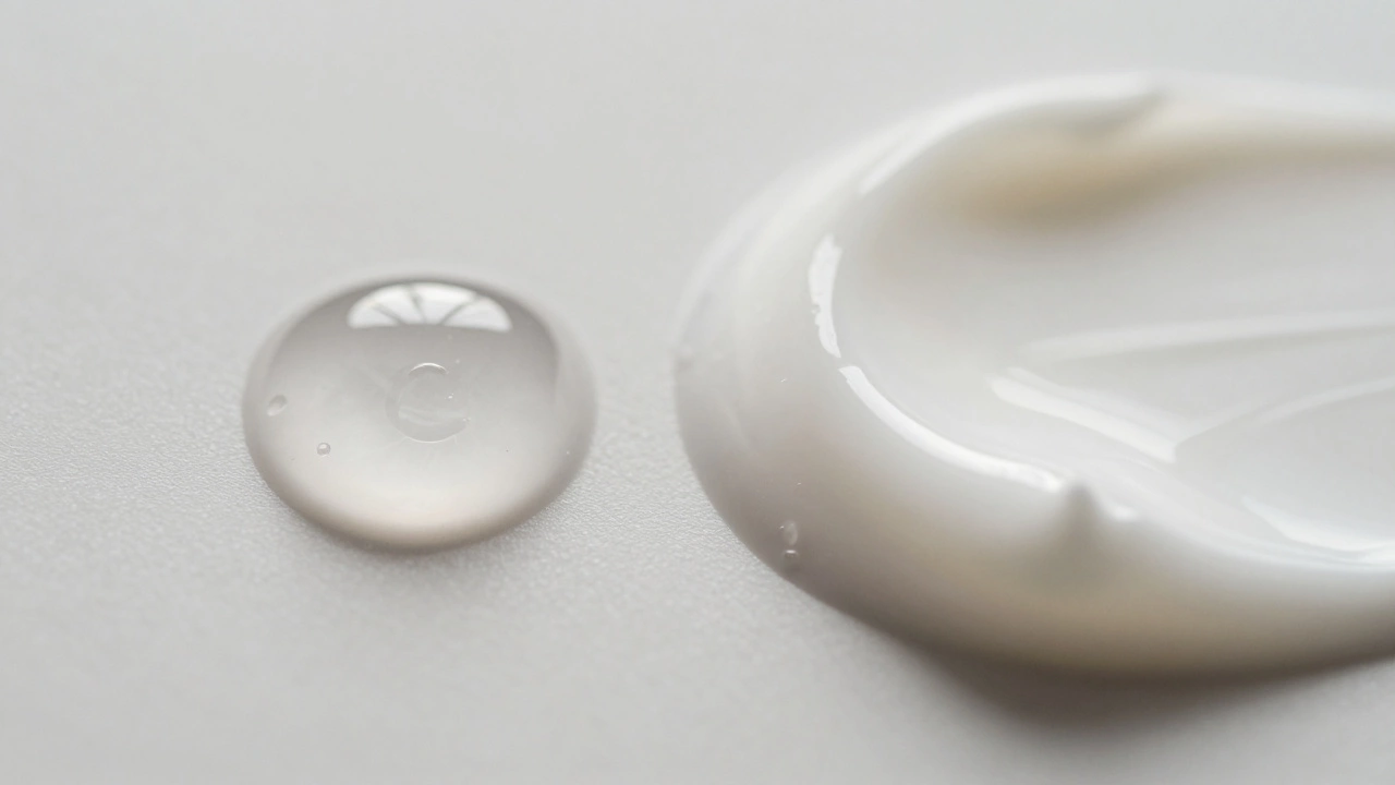 Close up of potent serum and rich cream textures compared