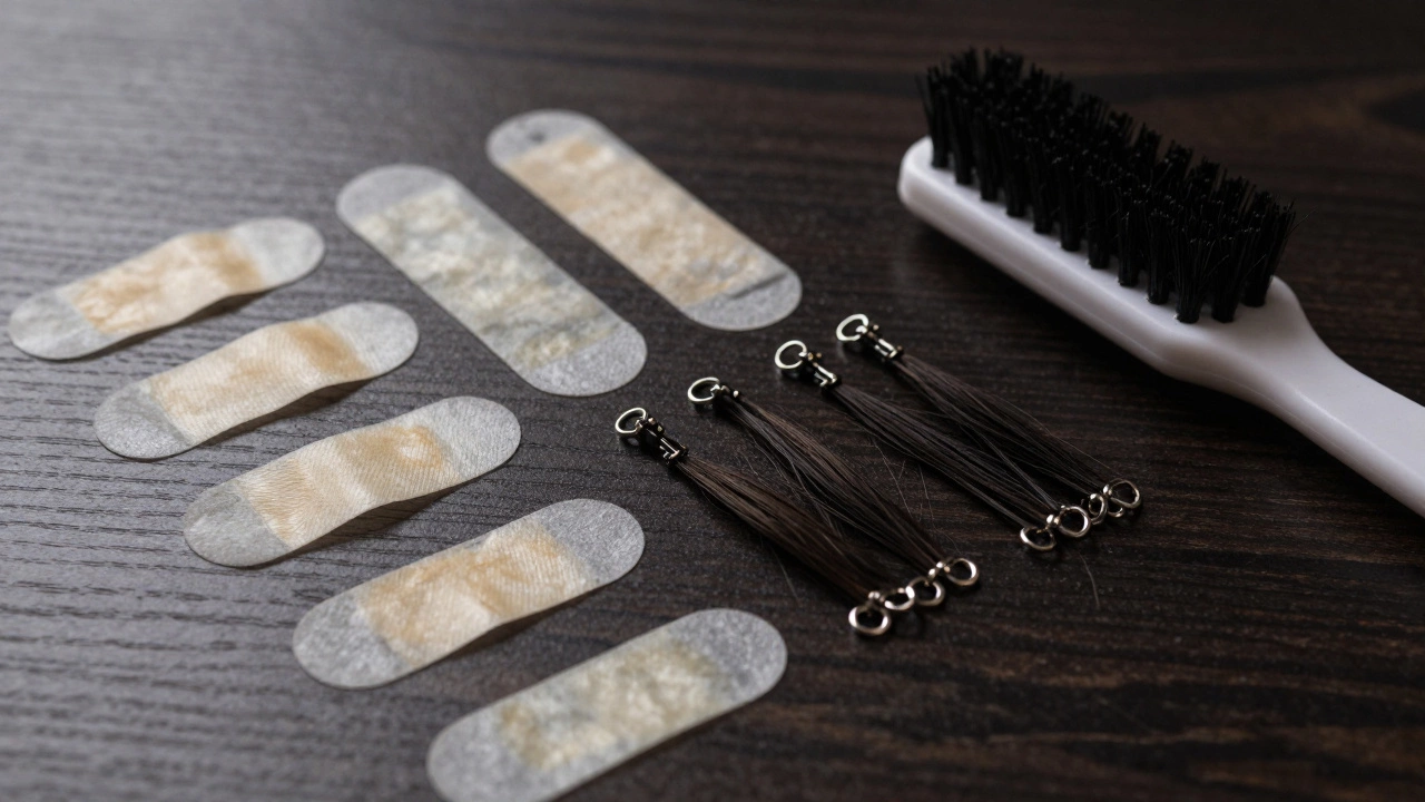 Close-up of tape-ins, micro-links, and keratin bonds on a dark background