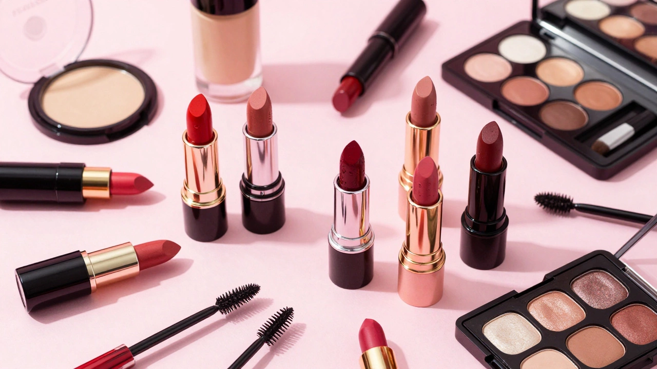 Colorful assortment of lipsticks, mascara, and eyeshadow makeup
