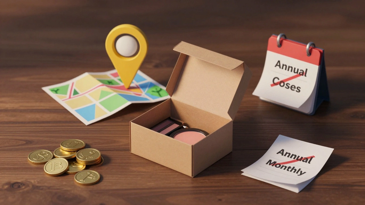 Flat lay of an open beauty box surrounded by coins and calendar pages symbolizing subscription costs.