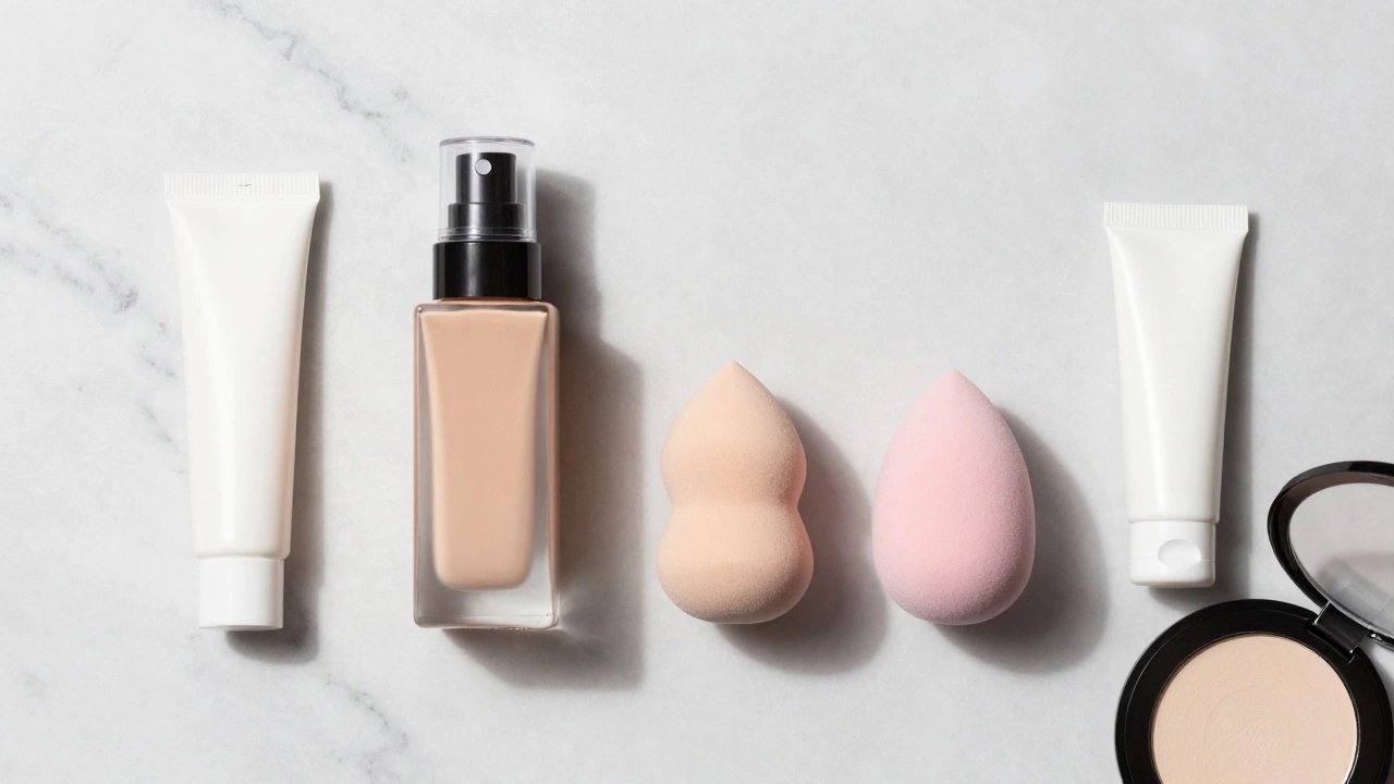 Flat lay of foundation, concealer, and makeup tools