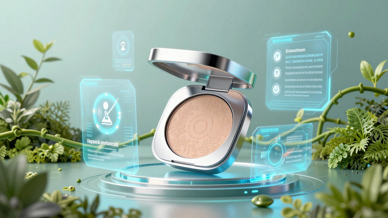 Futuristic refillable compact with holographic AI and green vines