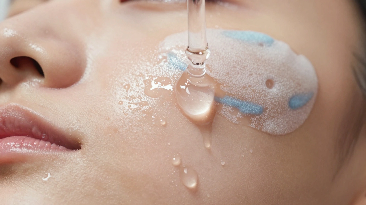 Macro shot of serum absorbing into hydrated skin surface