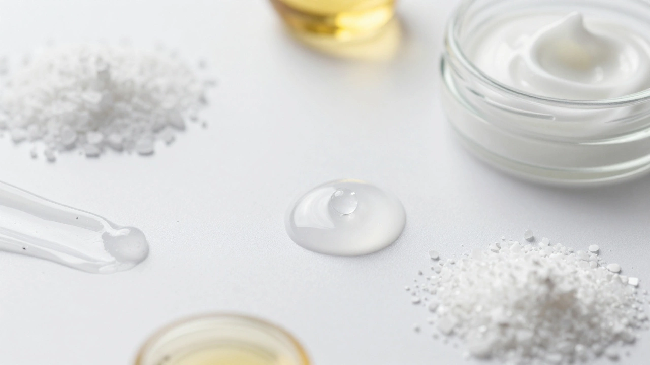 Macro shot of skincare serums and active ingredients on lab surface