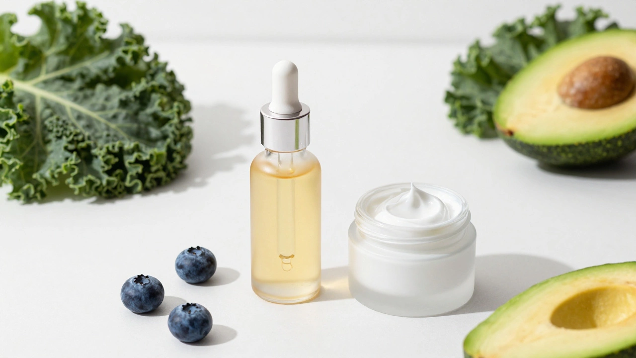 Minimalist flat lay of peptide serum, moisturizer, and antioxidant-rich fruits.
