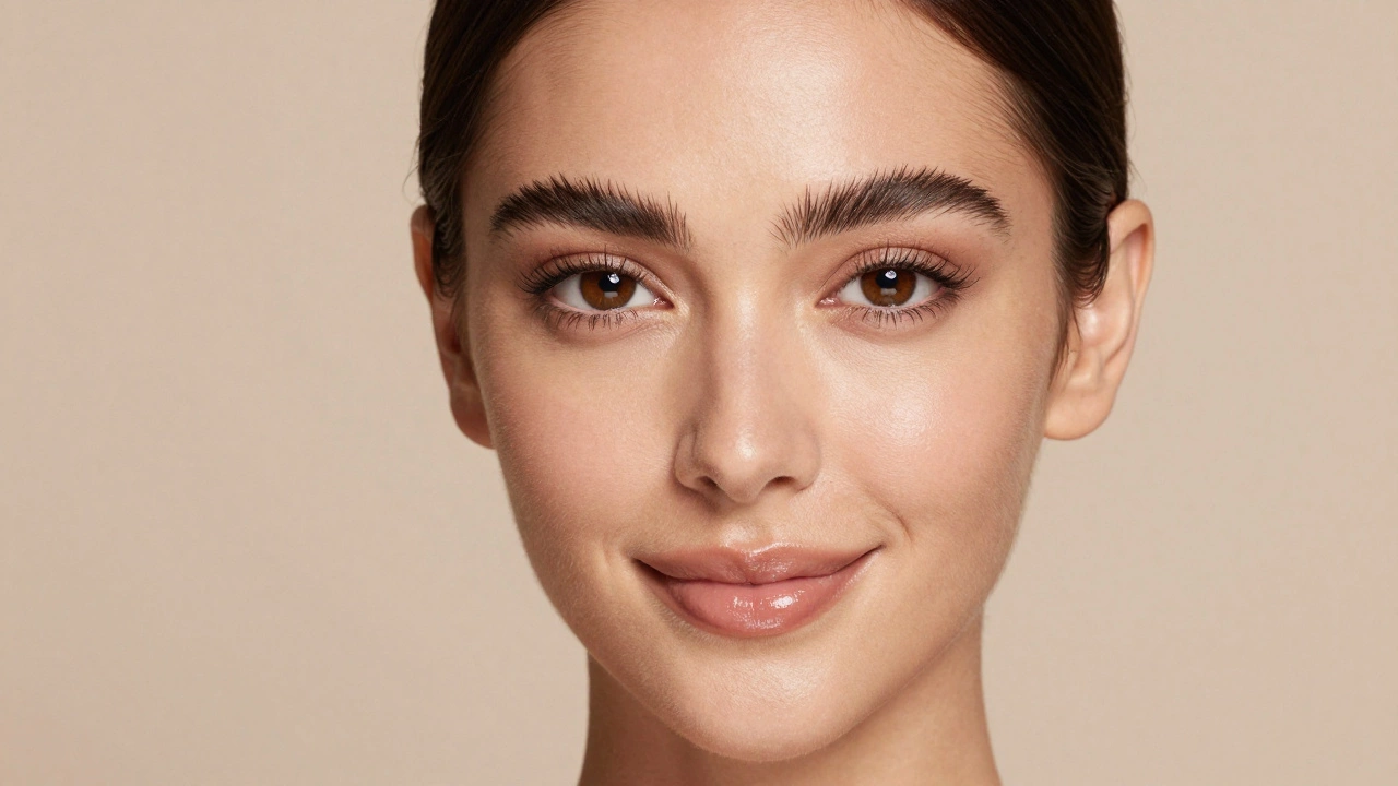 Portrait of woman with natural makeup, brown liner, and glossy lips