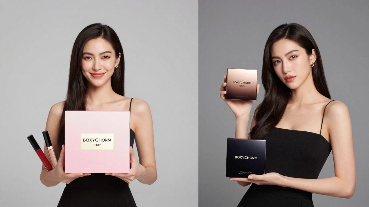 Split screen comparing a standard beauty box with a luxury beauty box held by two women.