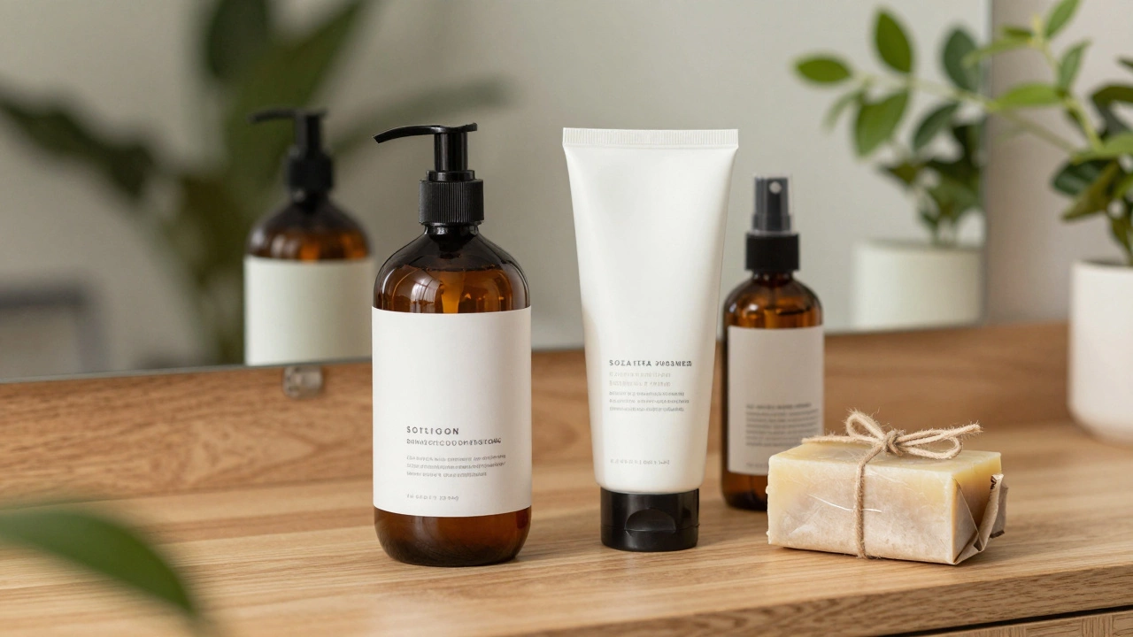 Sustainable hair care and fragrance products on a wooden vanity