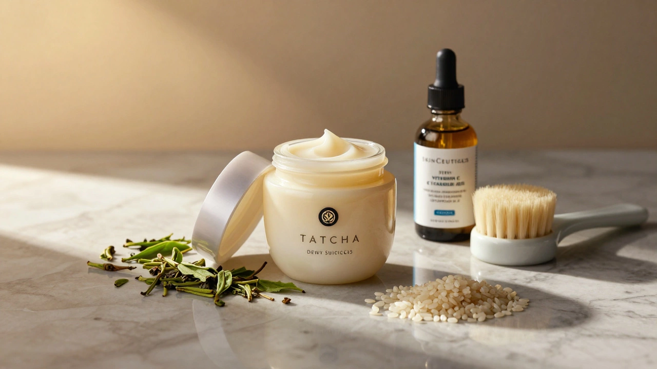 Tatcha cream and SkinCeuticals serum with green tea and rice accents
