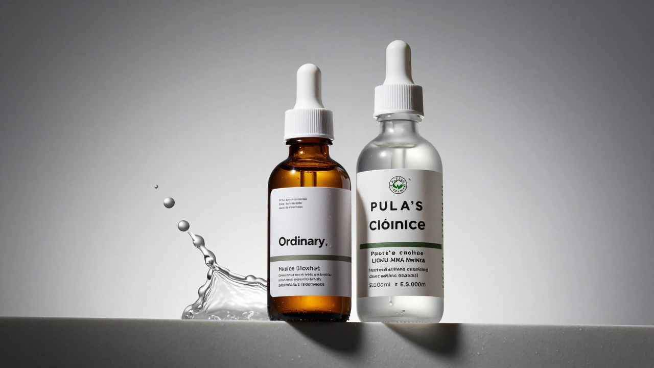 The Ordinary and Paula's Choice serums with dynamic liquid splashes
