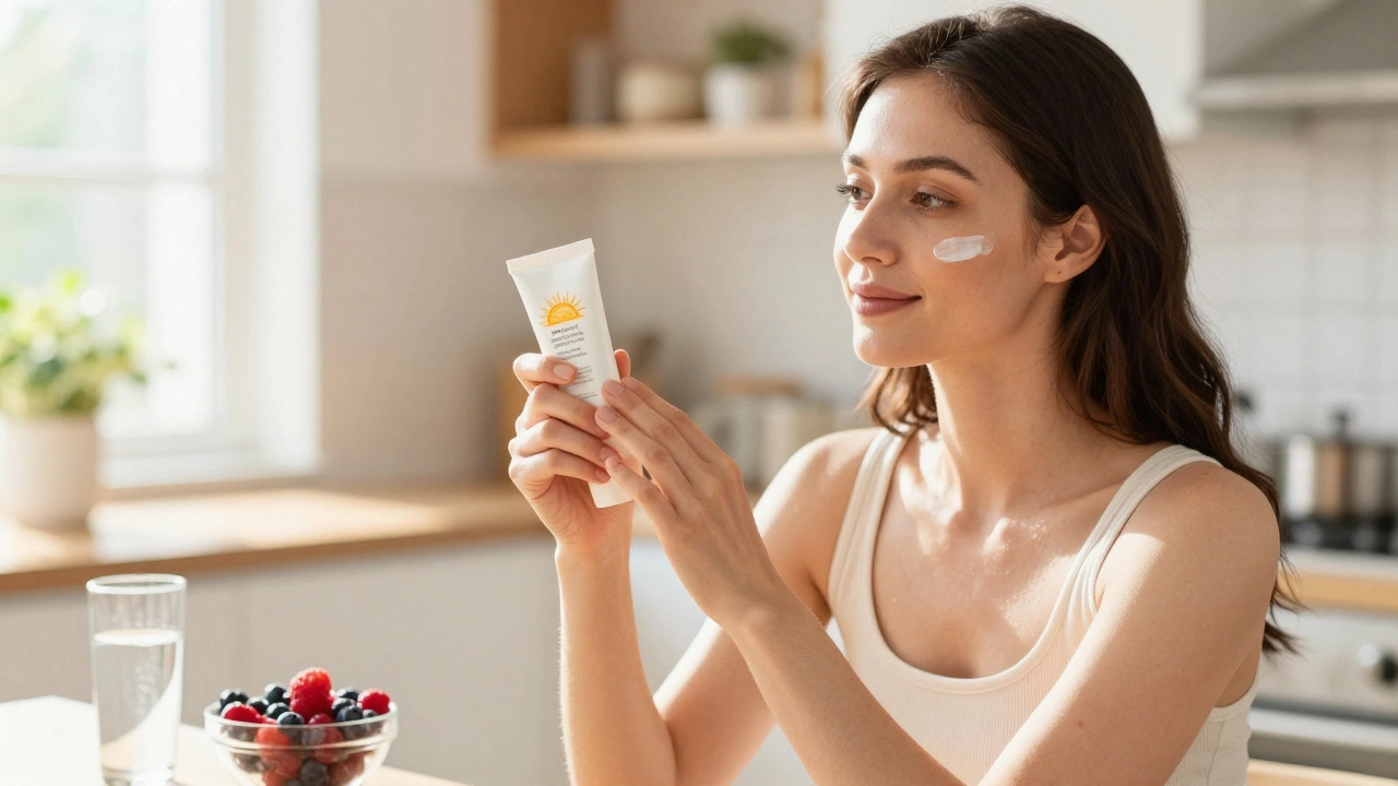 Woman applying sunscreen in a bright room with healthy food nearby