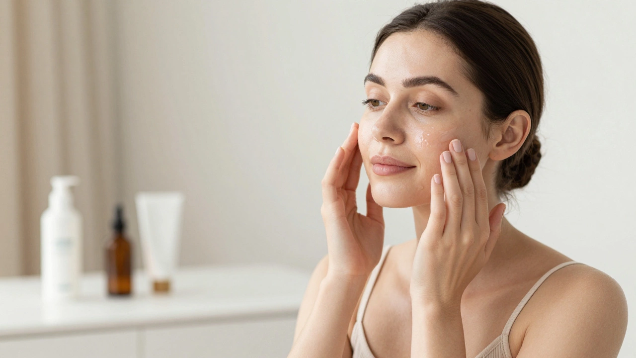 Woman gently patting serum onto glowing face