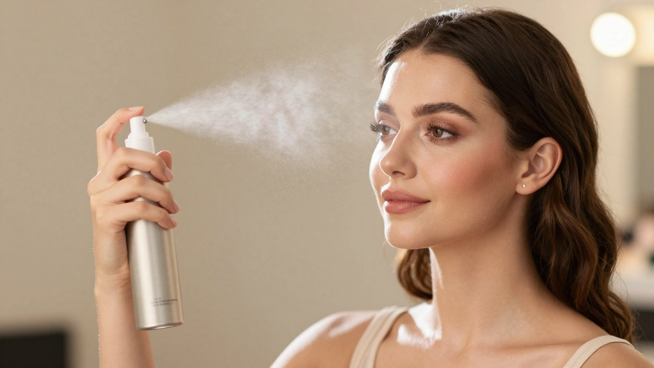 Woman spraying setting spray on finished makeup