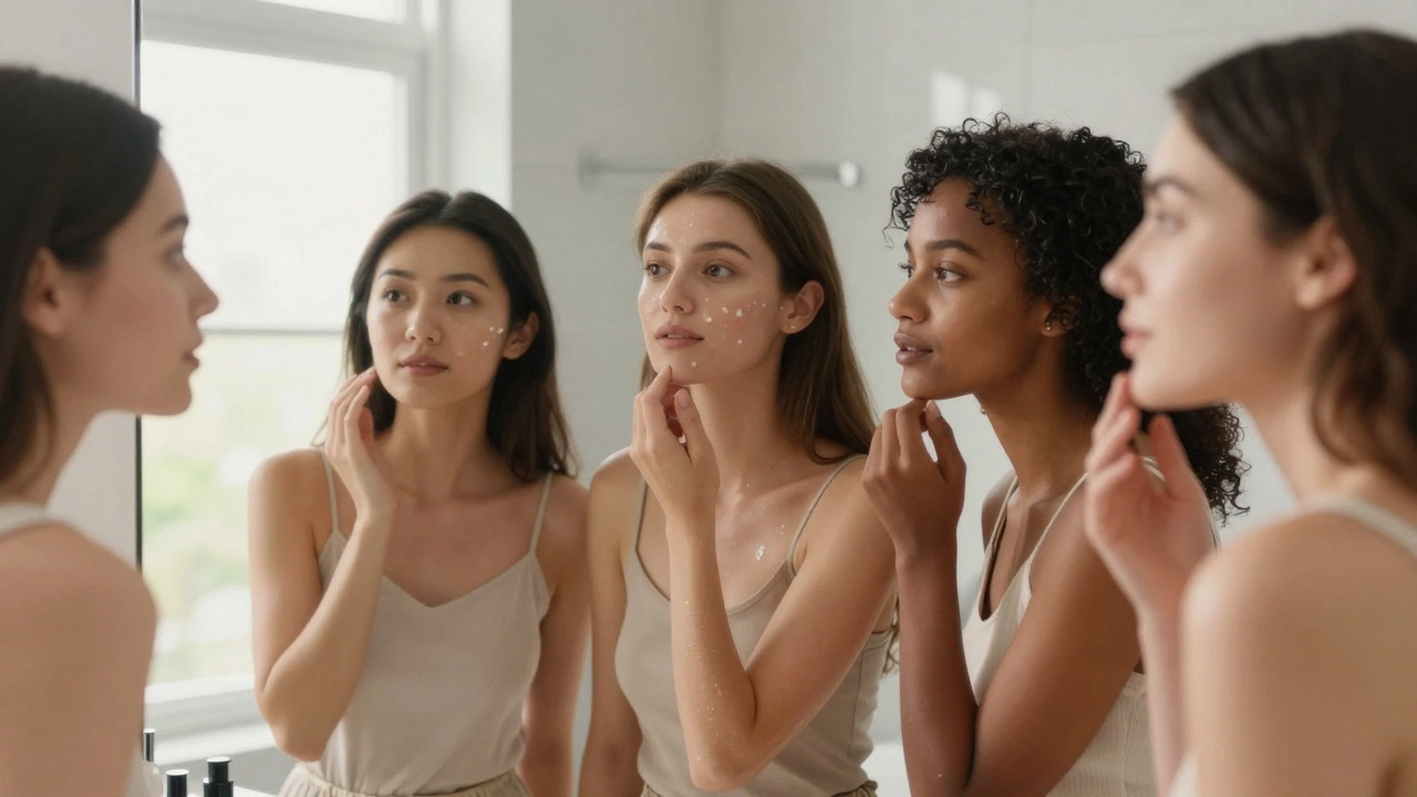 Women examining healthy skin in a bright bathroom
