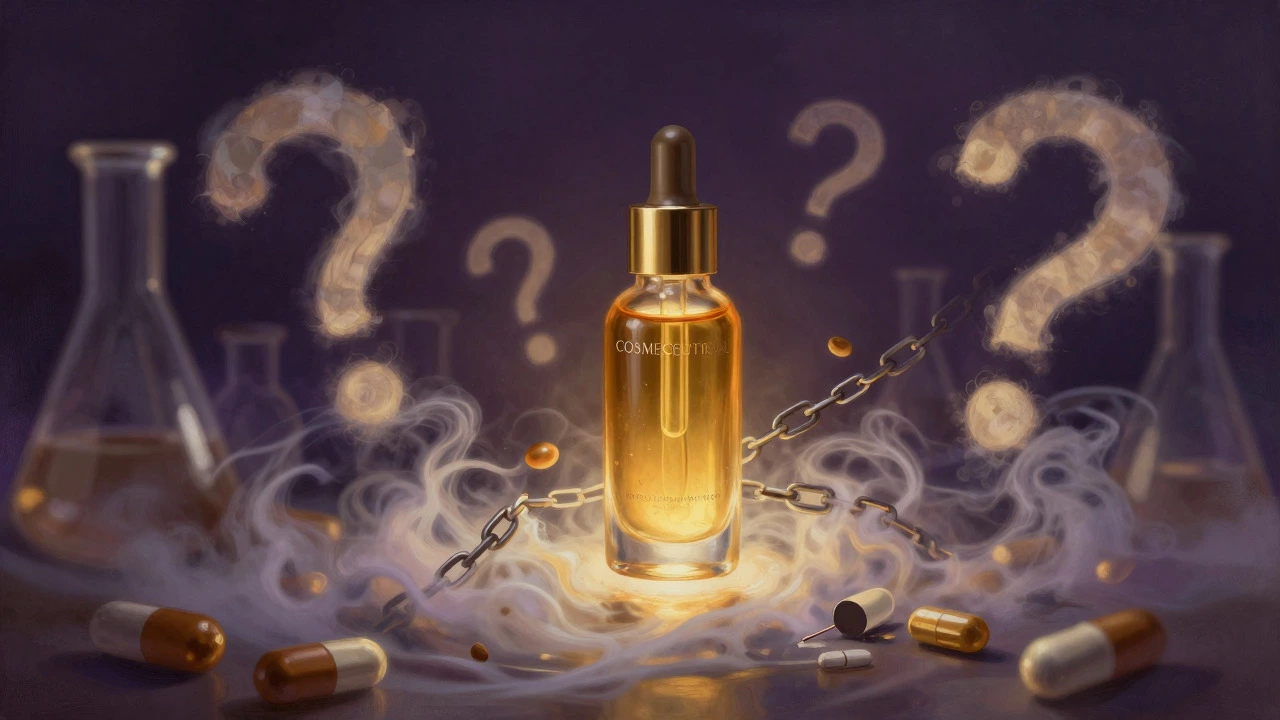 Abstract art showing a serum bottle with question mark mist