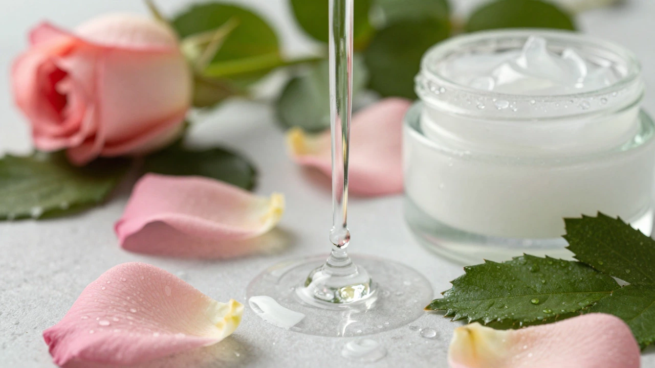 Botanical ingredients and serum droplets representing clean beauty