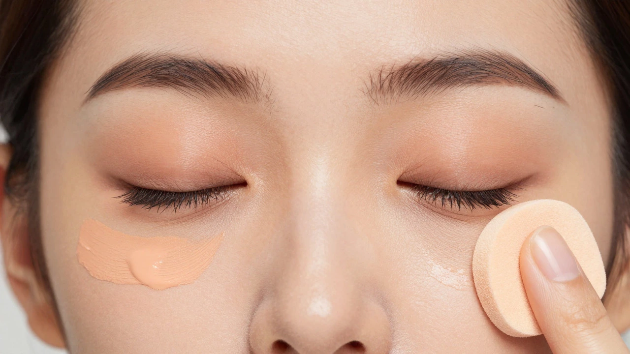 Close-up of peach color corrector and foundation blending