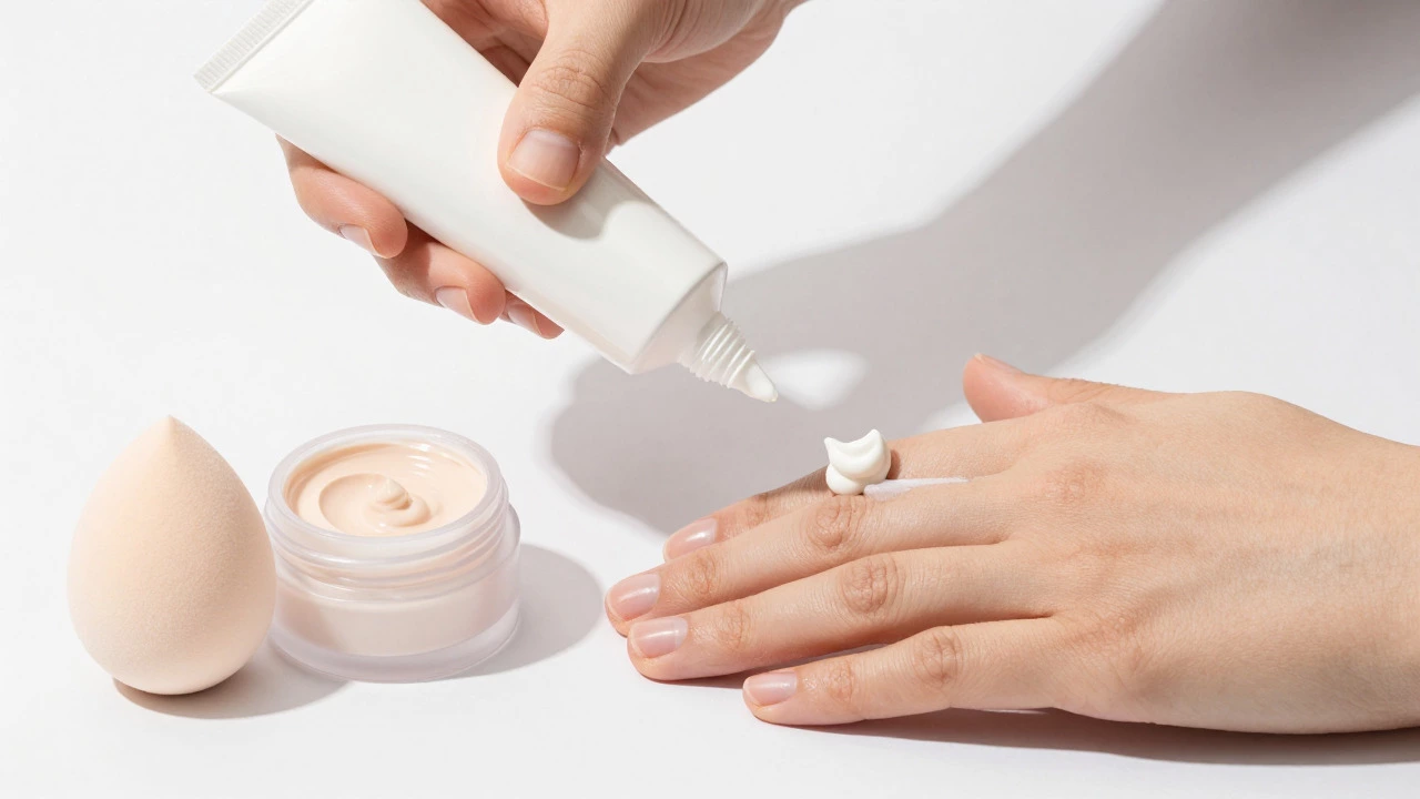 Dollop of sunscreen and primer on hand for makeup prep