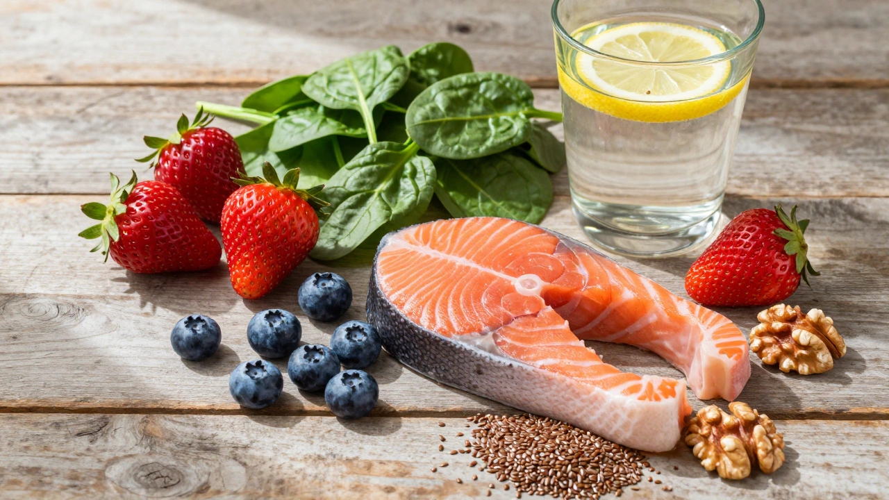 Fresh fruits, vegetables, and salmon arranged for healthy eating