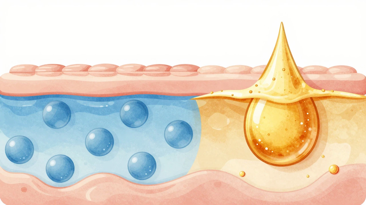Illustration of skin barrier holding water versus sebum production