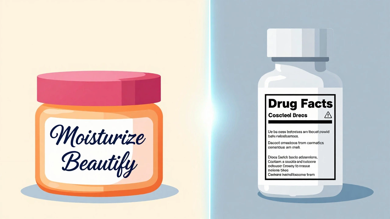 Illustration splitting cosmetic and drug product labels visually