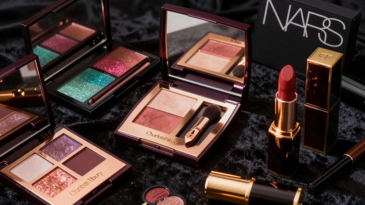 Luxury makeup compacts and lipsticks displayed with dramatic lighting and gold accents