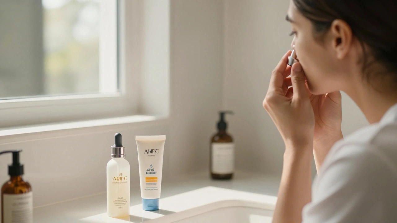 Person applying serum and sunscreen in bright bathroom