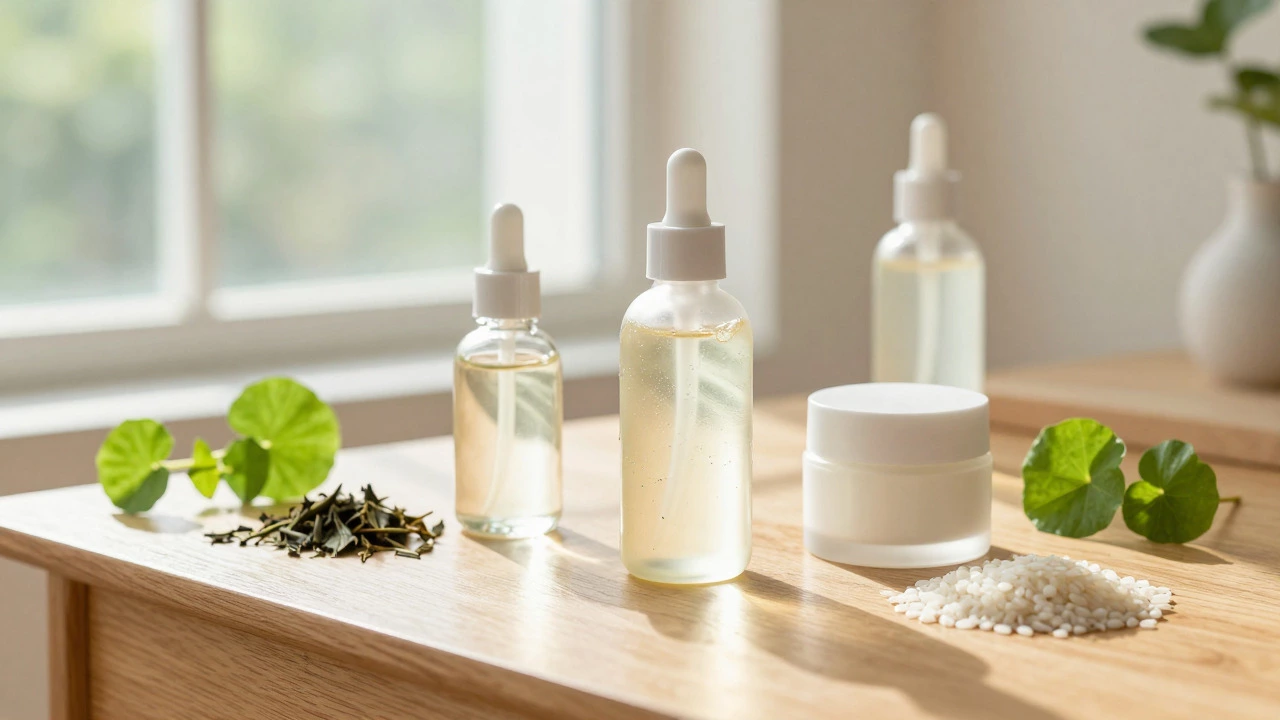 Skincare bottles with green tea and rice ingredients on wooden table
