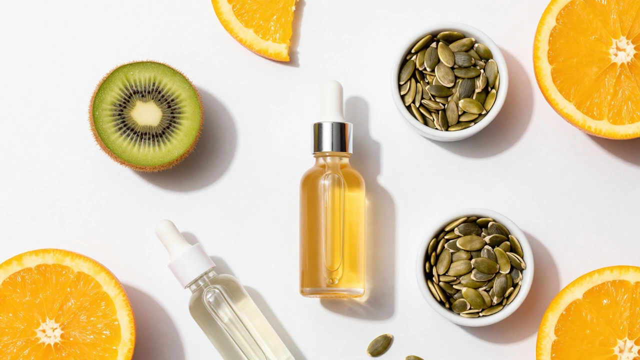 Skincare serums and nutrient-rich foods arranged on a white table